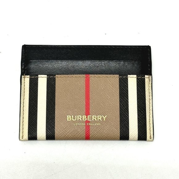 BURBERRY Check Logo Business Card Case, Pass Leather, Women's, Beige - Picture 1 of 10
